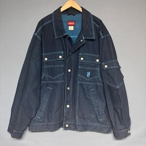 Vintage Avirex Denim Jacket 2X Dark Wash Turquoise Contrast Stitch Embroidered